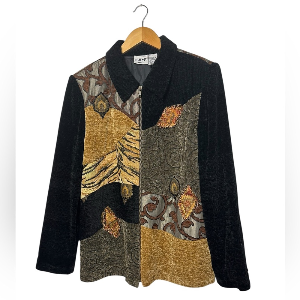 Womens Vintage Patchwork Chenille Full Zip Jacket Size Medium Safari Africa